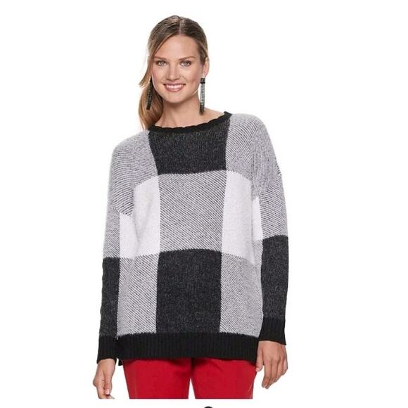 ELLE Womens Color Block Pullover Sweater Size L Longline Black Gray Cozycore - Picture 1 of 7